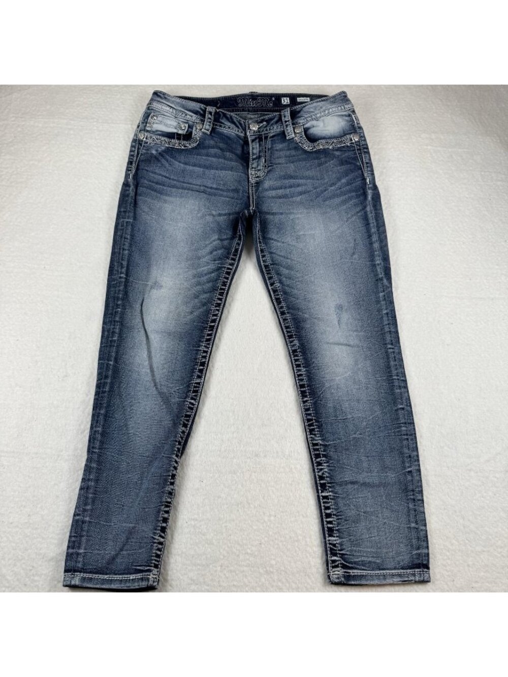 Miss Me Jeans Womens Size 31 Blue Ankle Skinny Embroidered Rhinestone Pockets